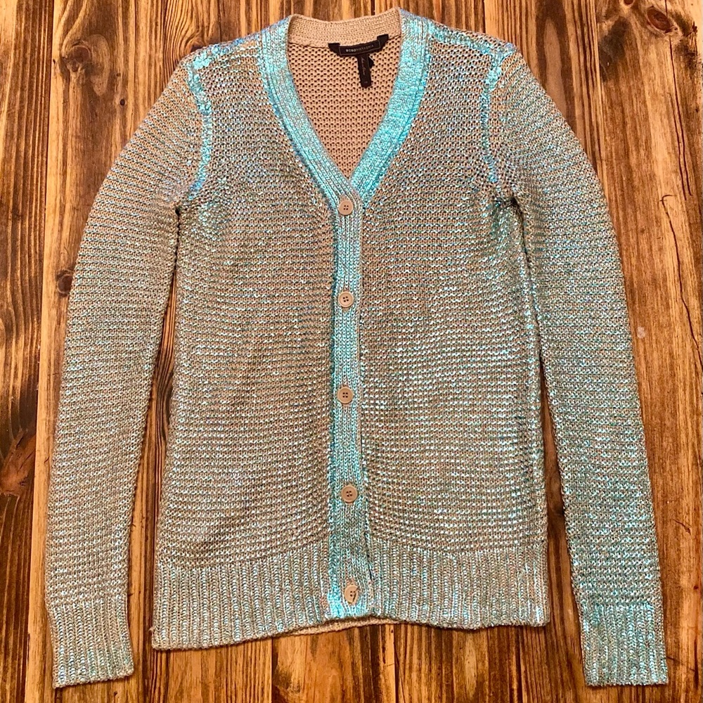 BCBGmaxazria Emory Opaline Green Metallic Cardigan Sz XS $268
